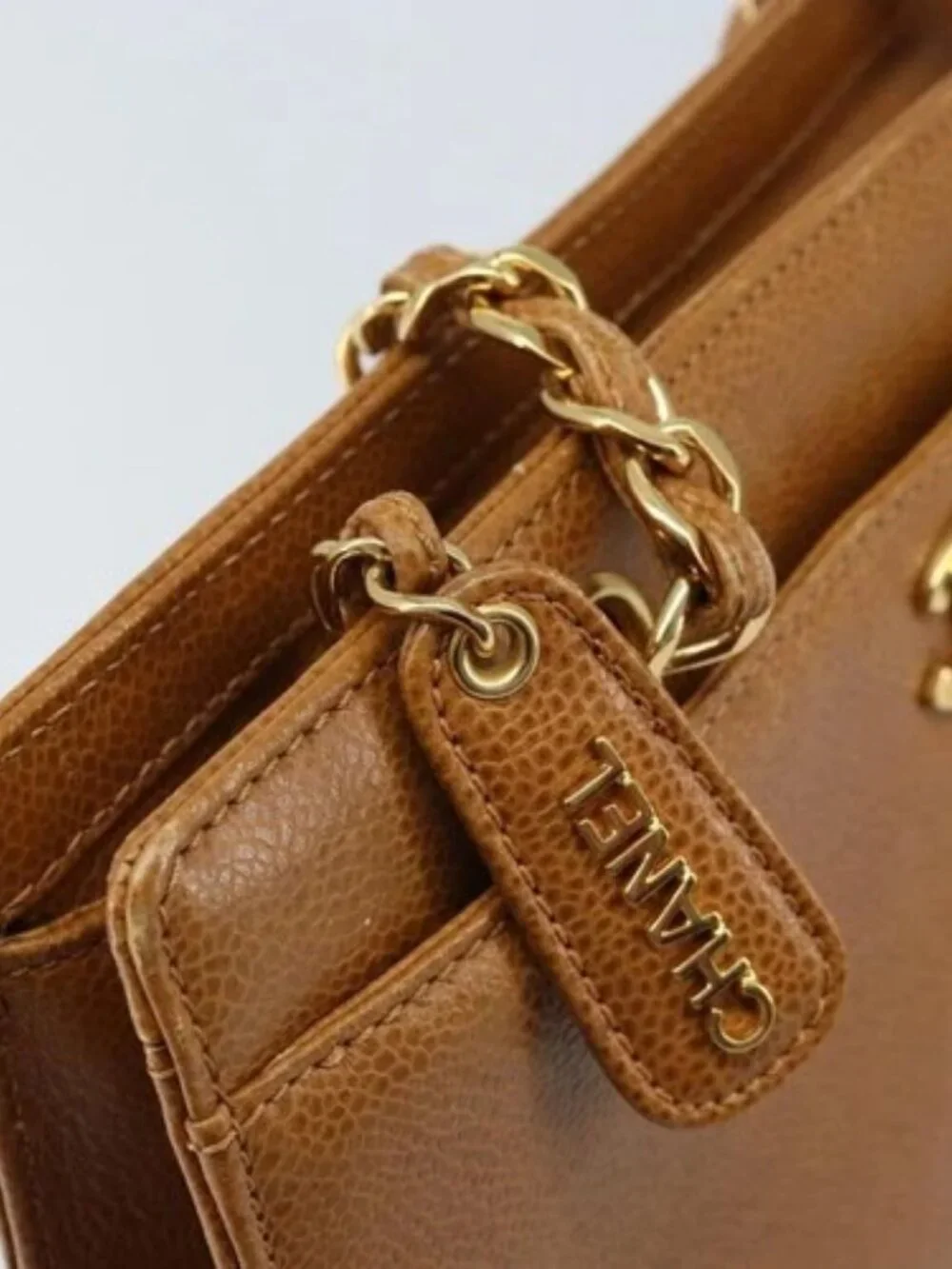 CHANEL Chain Tote Bag Grained Calf Skin Gold Brown CC Auth gh1738